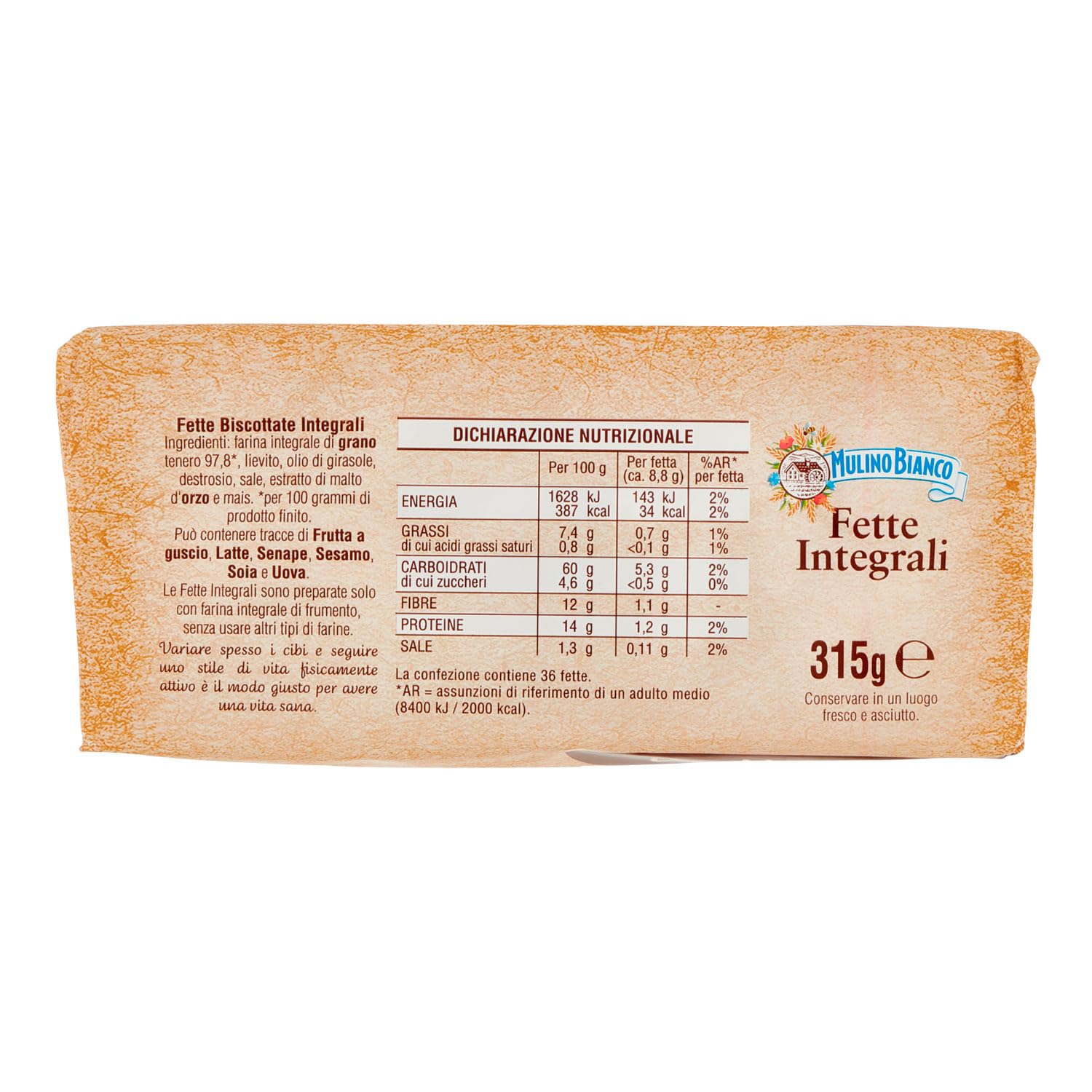 Mulino Bianco Fette Biscottate Integrali, Spesse, Croccanti e Friabili, Senza Olio di Palma, Colazione Ricca di Fibre e Gusto, 315 g (Confezione da 6)
