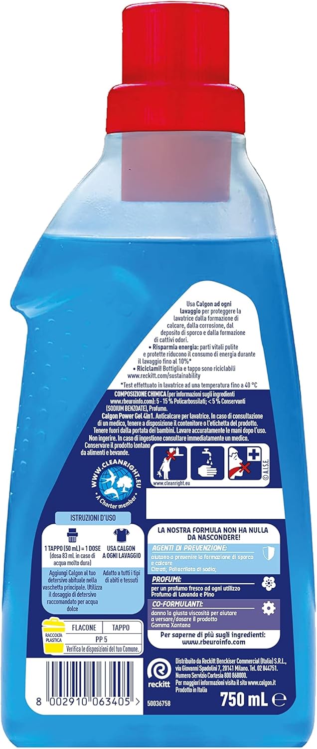 Calgon Power Gel Anticalcare Lavatrice 4 in 1, Anticalcare per Lavatrici, Additivo Anticalcare per Capi Morbidi, 750ml di Additivo per una Protezione da Calcare, Corrosione, Sporco e Cattivi Odori