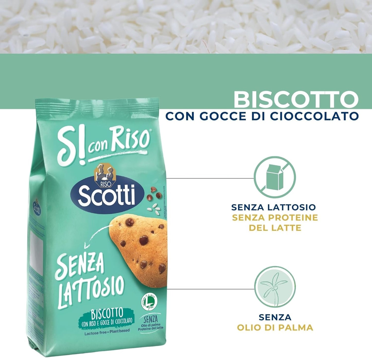 Si con Riso - Biscotti con Riso e Gocce di Cioccolato Senza Lattosio - Ideali per la Colazione, Senza Olio di Palma - 350 gr