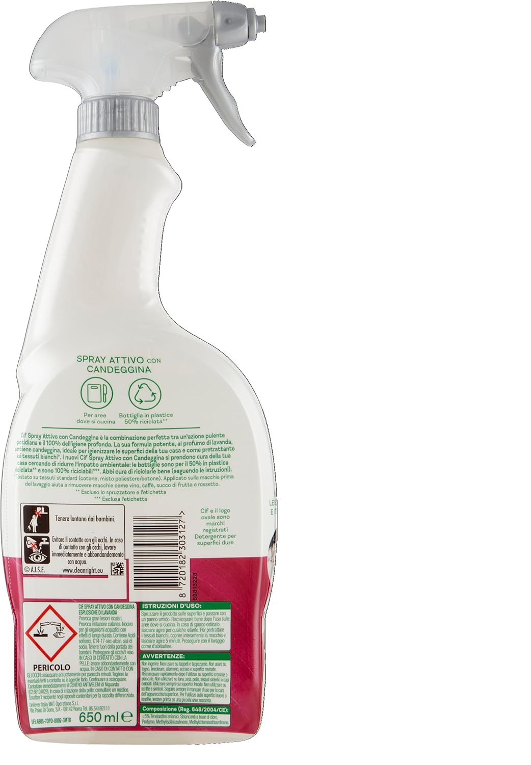 Cif Spray Attivo con Candeggina, Profumo Lavanda, 650 ml, per le Superfici di Tutta la Casa e Pretrattante sui Tessuti Bianchi*, Formula con Potere Sbiancante, Adatto per Aree Dove si Cucina