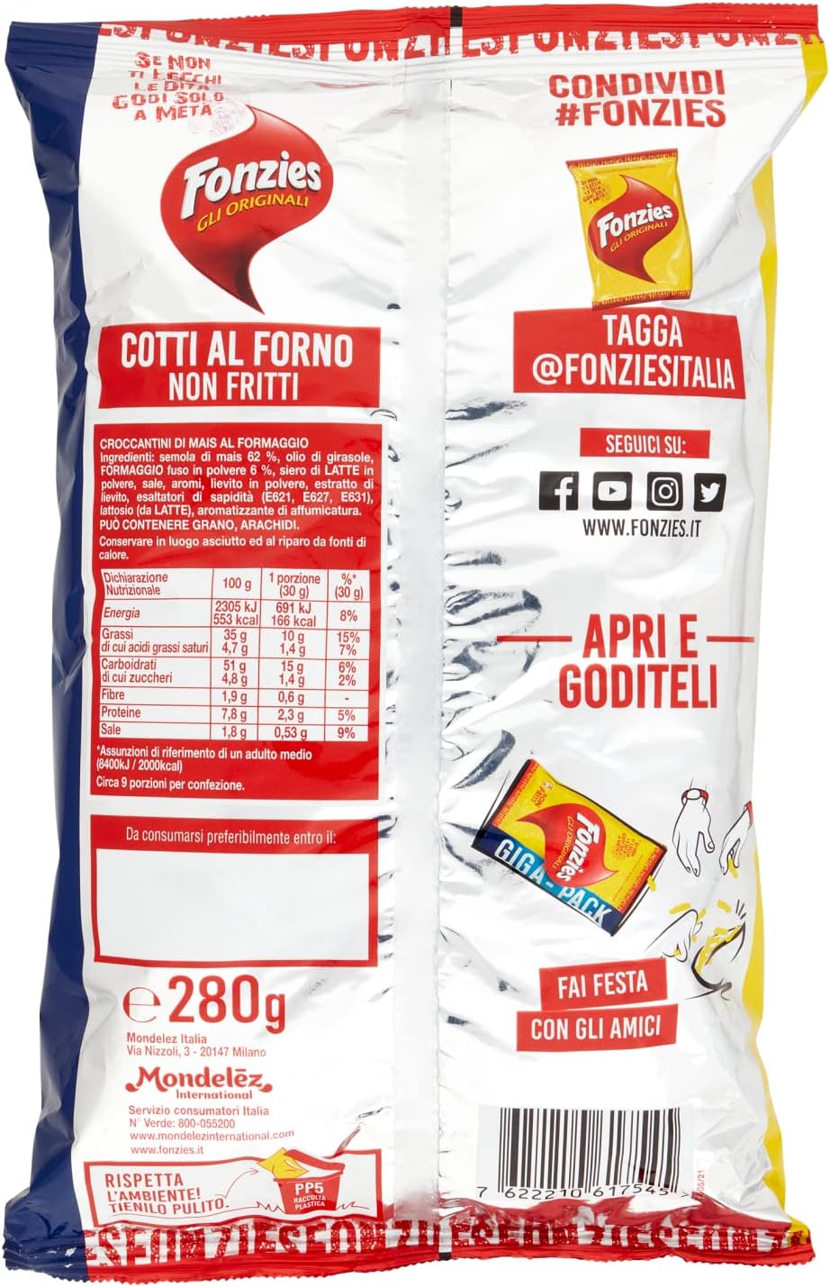 Fonzies Gli Originali, Croccantini di Mais al Formaggio, Cotti al Forno, 280g