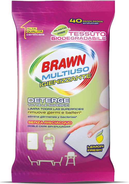 Brawn Multiuso Igienizzante, Detergono Tutte le Superfici e Rimuovono Germi e Batteri, Profumo Lemon con Tessuto BioDegradabile, Doppia Superficie Pulente Senza Risciacquo, Confezione da 40 panni