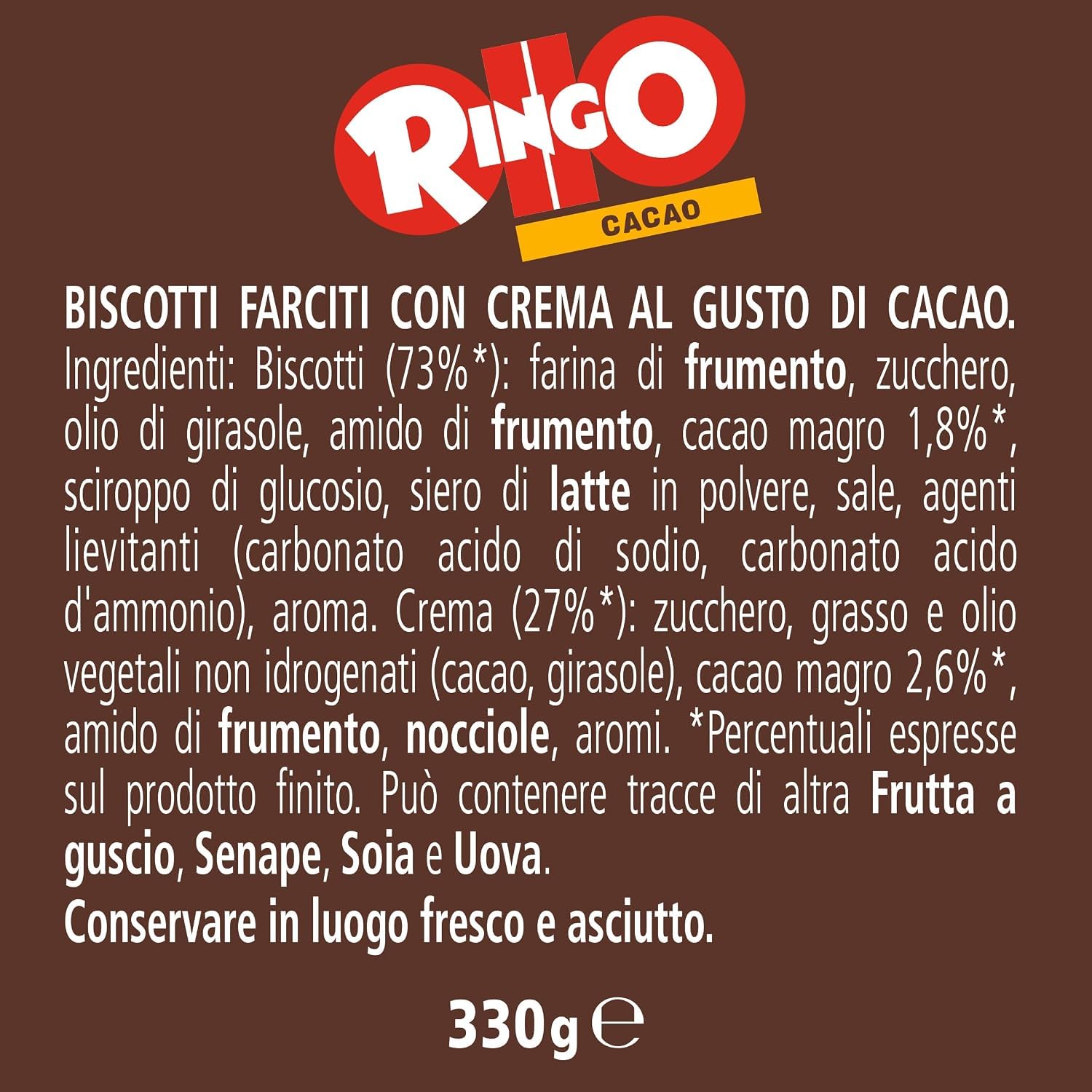 3X Confezioni Per Pavesi Ringo Cacao 330 g x 3 | Biscotti Farciti con Crema al Gusto di Cacao | Formato Famiglia | 990 g Totali | 18 Porzioni
