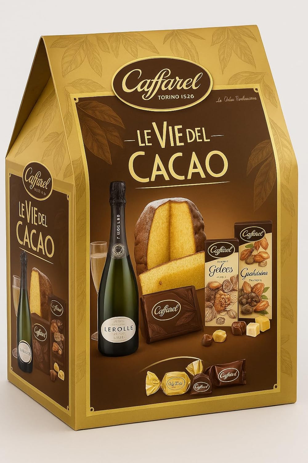 Cesto Natalizio Le Vie del Cacao 5 Pezzi con Panettone, Cioccolato Artigianale, Dolci Assortiti e Spumante Dolce, Confezione Regalo Elegante e Gourmet per Natale, Idea Regalo Raffinata Made in Italy