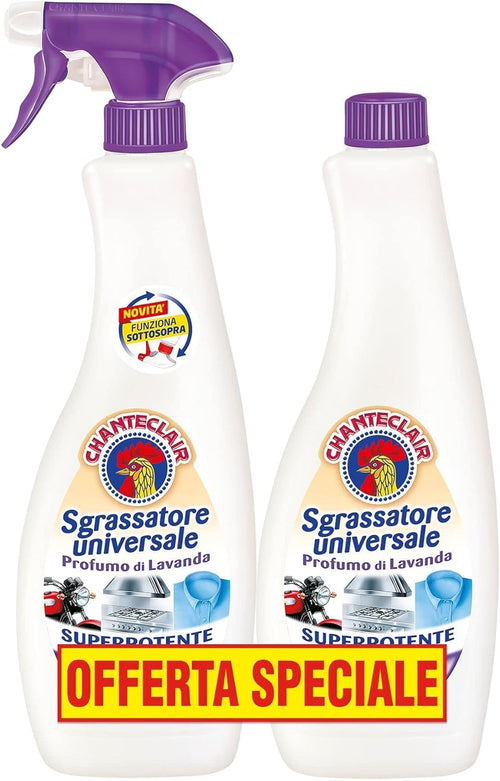 Chanteclair Sgrassatore Universale Profumo di Lavanda, Confezione con Sgrassatore Completo di Spray 600 ml + Ricarica 600 ml