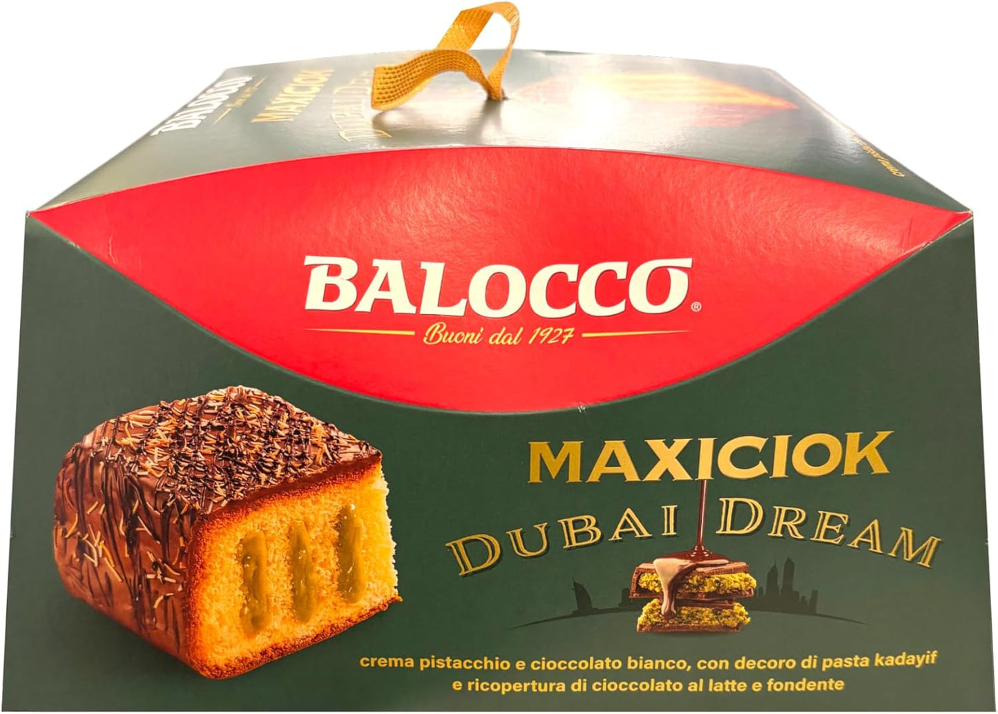 BaIocco Maxiciok Dubai Dream 650g – Dolce al Pistacchio e Cioccolato con Copertura al Latte e Fondente – Specialità con Crema Pistacchio e Decorazione Kadayif – Idea Regalo Elegante