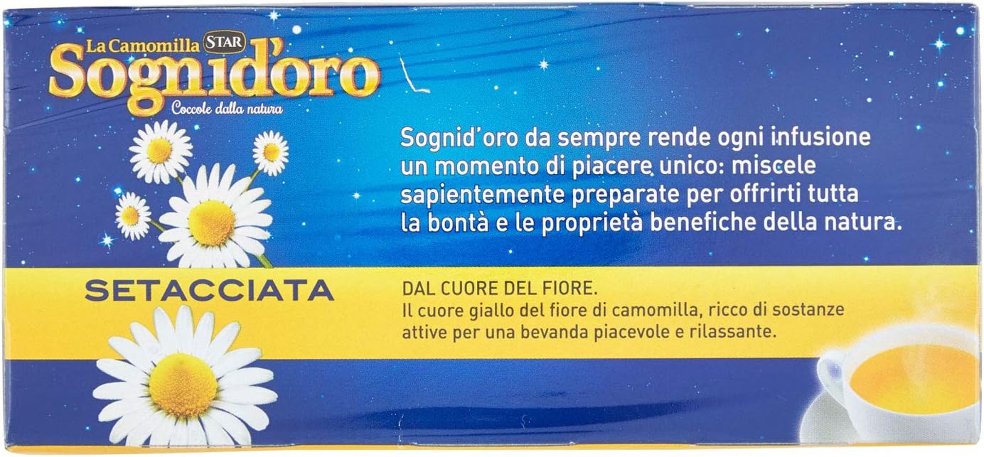 Camomilla Sogni d'oro setacciata, astuccio da 20 Filtri, concediti un po' di relax e sonni tranquilli, gusto inconfondibile e piacevole, pronta soli in 5 min.