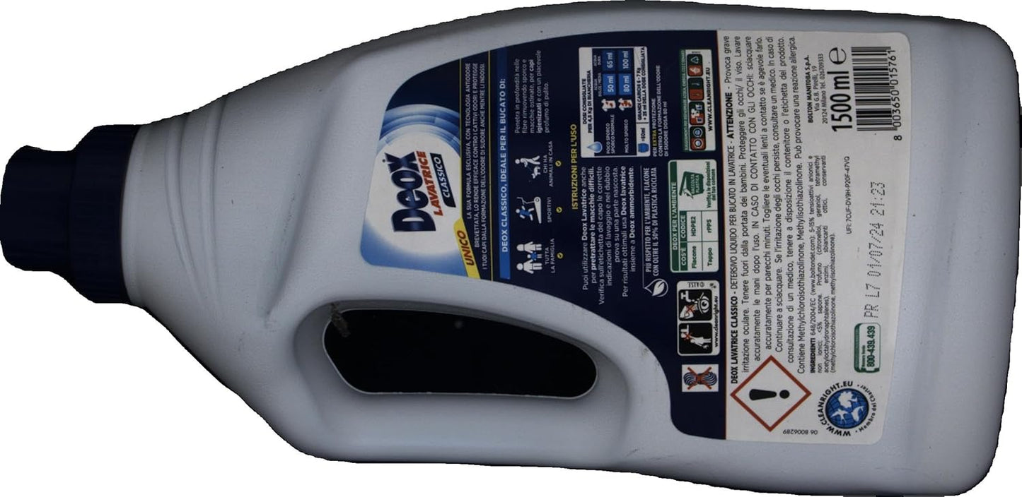 Deox - Detersivo Lavatrice Liquido Classico, 30 Lavaggi, Smacchia e Igienizza, con Formula Antiodore, 1500ml x 1 Confezione