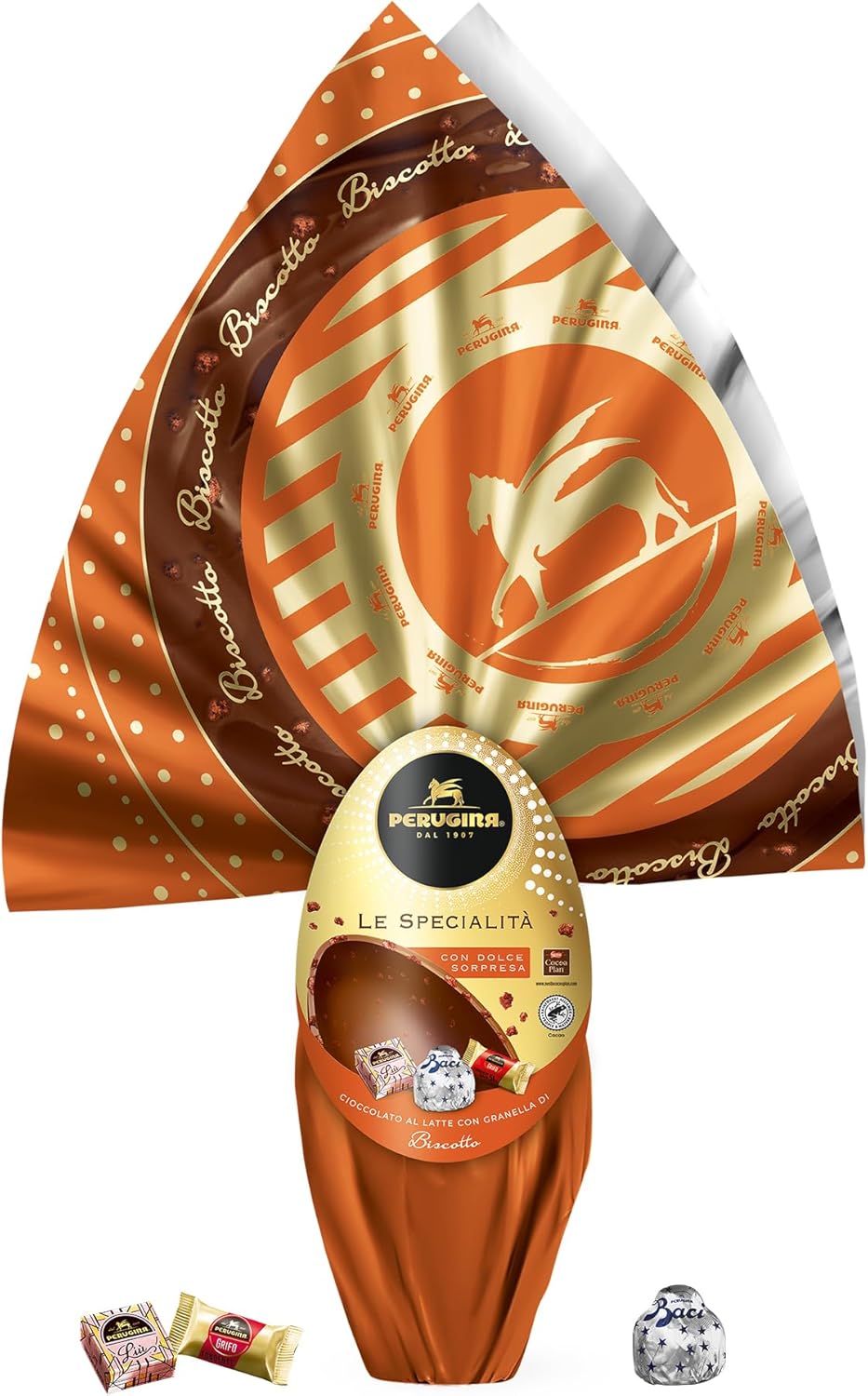 PERUGINA Uovo di Pasqua 2025 Cioccolato al Latte e granella di Biscotto con 3 Cioccolatini 245g