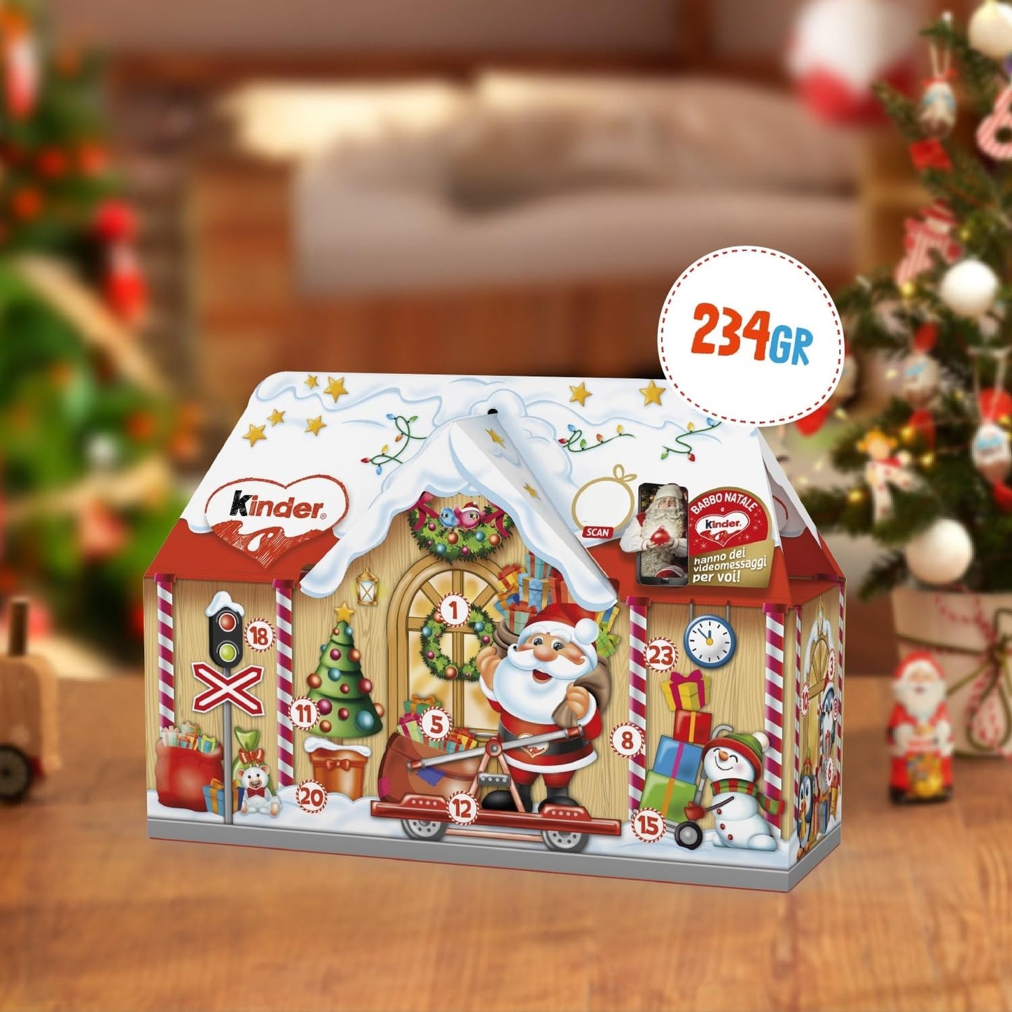 Kinder Dolce Casa - Calendario Avvento 2024, 24 Cioccolatini e Snack Assortiti Kinder, con Speciale Videomessaggio da Babbo Natale, Idea Regalo, Confezione da 234 gr