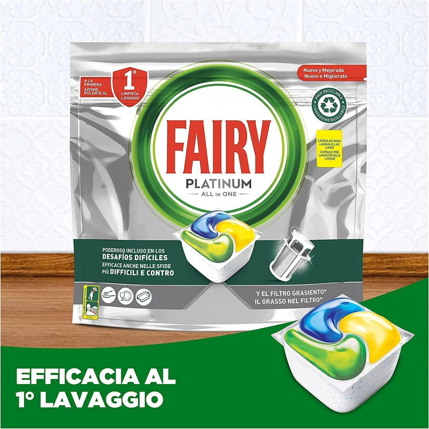 Fairy Platinum Detersivo Pastiglie Lavastoviglie Brillantante, 33 Capsule Lavastoviglie, Limone, Con Sistema Di Prelavaggio Integrato, Efficace Nelle Sfide Difficili Contro Lo Sporco