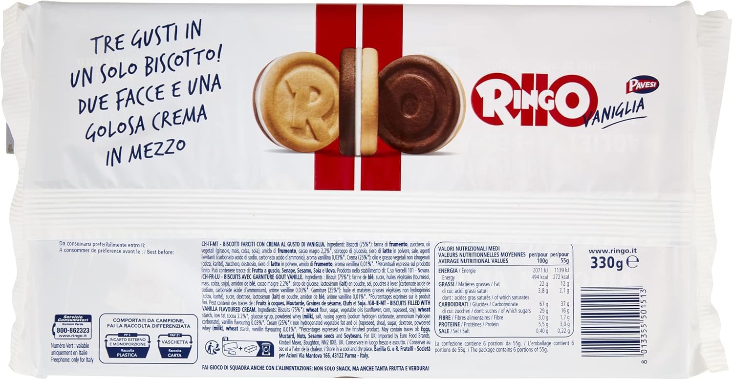 3X Confezioni Per Pavesi Ringo Vaniglia 330 g x 3 | Biscotti Farciti con Crema al Gusto di Vaniglia | Formato Famiglia | 990 g Totali | 18 Porzioni