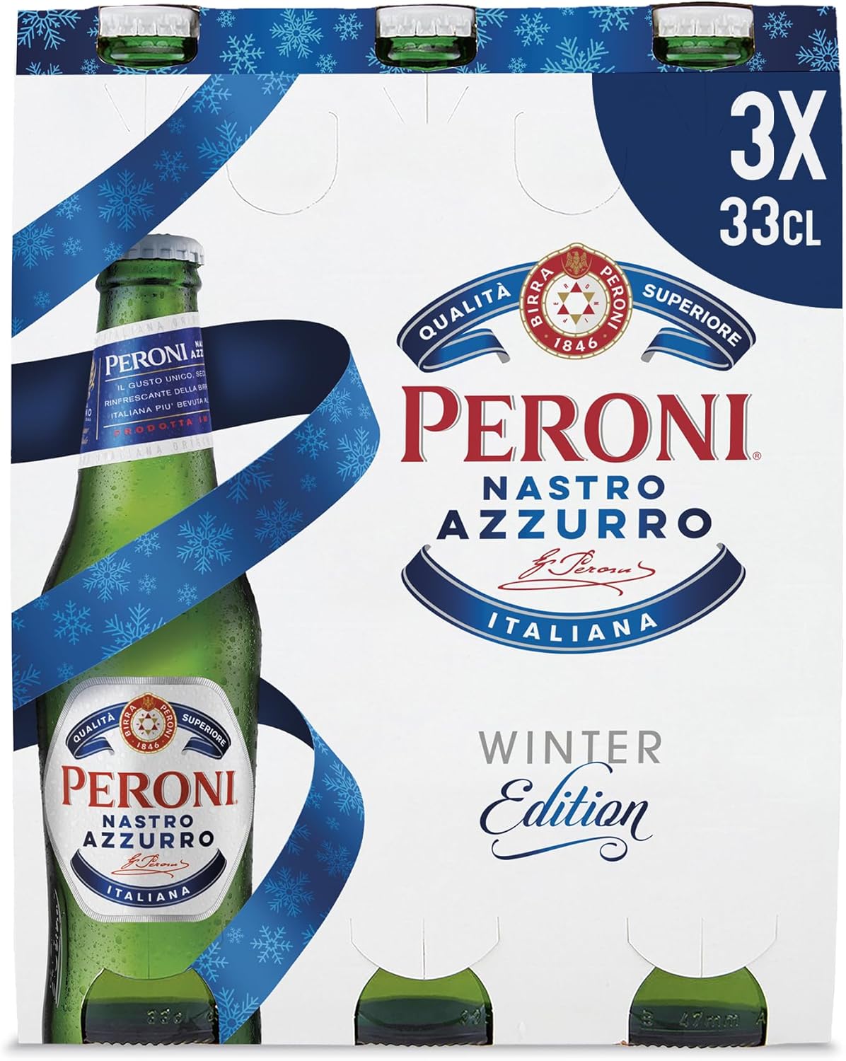 Peroni Nastro Azzurro, Pack con 3 Birre in Bottiglia da 33cl, Birra Premium Lager a Bassa Fermentazione, Gusto Secco e Rinfrescante, Gradazione Alcolica 5% Vol