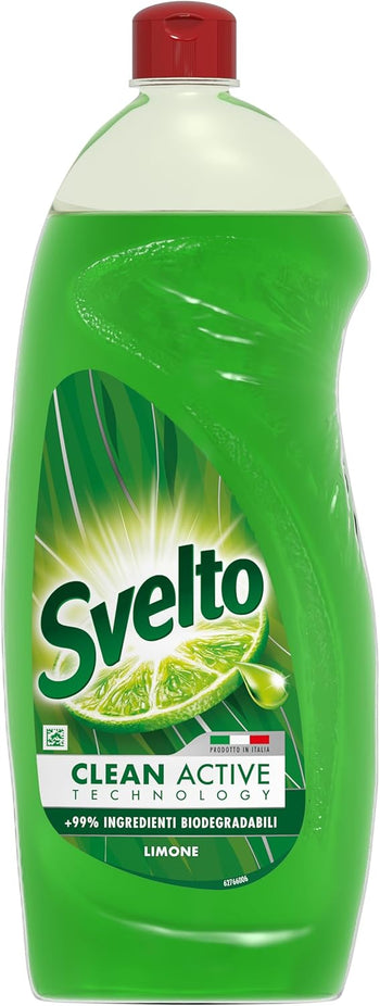 Svelto Clean Active Tecnology, Detersivo Piatti Svelto con +99% Ingredienti Biodegradabili, Sgrassa in Acqua Fredda e Rimuove l'Unto dalla Plastica, per un Risciacquo Veloce, Limone, Formato 980ml