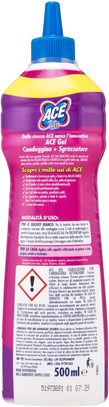 Ace - Gel Candeggina E Sgrassatore, Casa E Bucato, Con Tappo Dosatore Di Precisione - 500 Ml