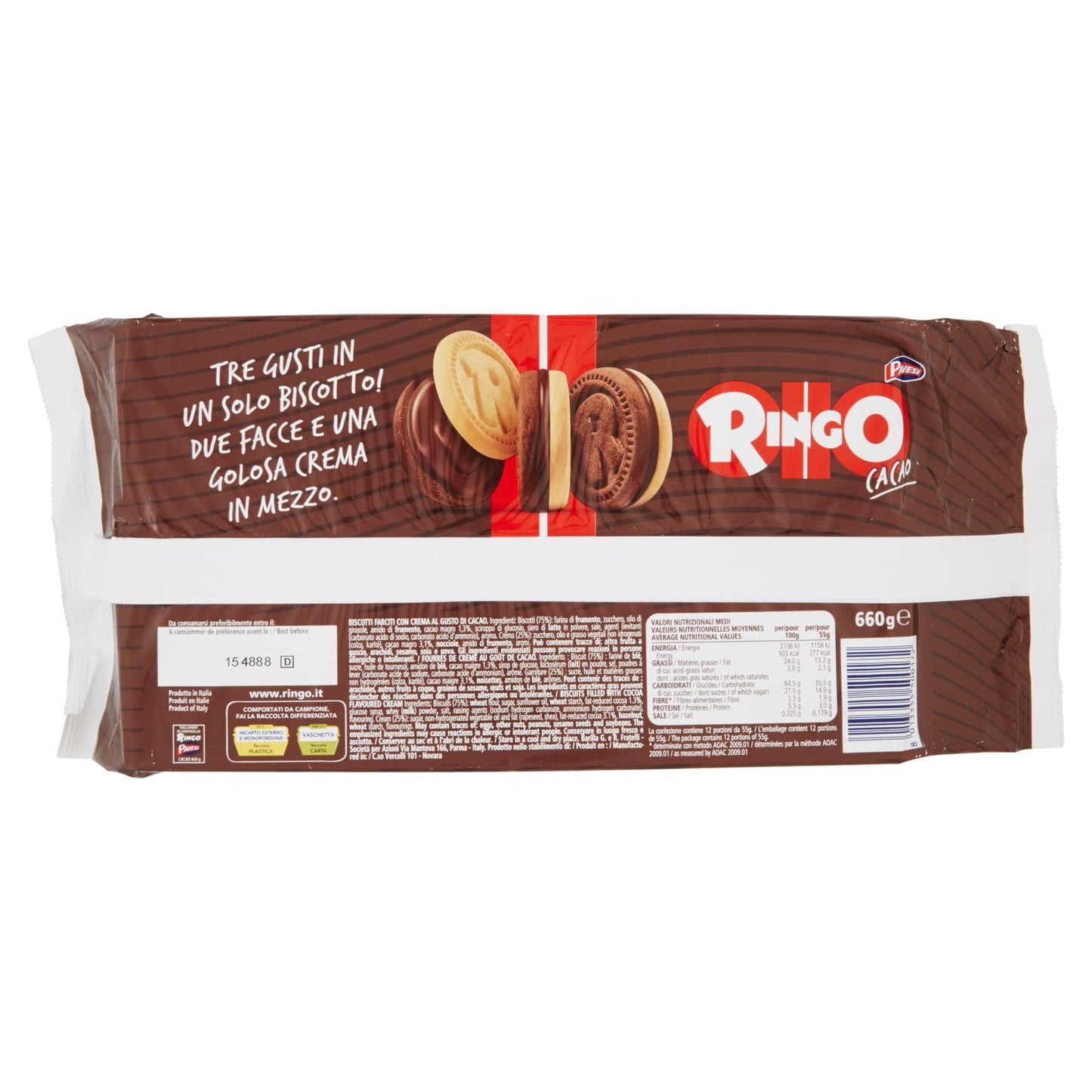 Pavesi Snack Ringo Cacao, Biscotti Farciti con Crema al Gusto Cioccolato, Snack per Merenda o Pausa Studio, Formato Bipacco Confezione da 2640 g, Giallo e Marrone