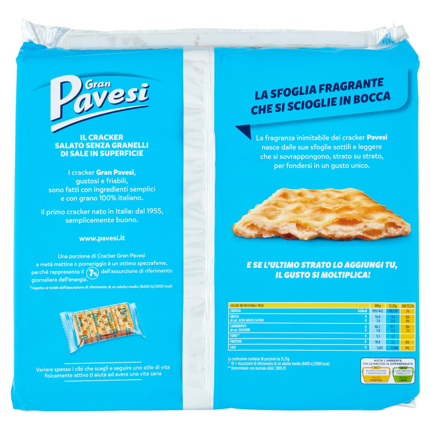 Gran Pavesi Cracker Salati Senza Granelli di Sale in Superficie con Grano 100% Italiano, Senza Olio di Palma, Snack Salato per la Merenda, Formato Bipacco con 36 Porzioni