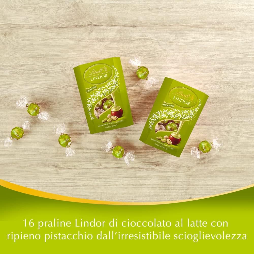 Lindt Lindor Praline di Cioccolato al Latte con Ripieno Pistacchio, 16 Cioccolatini al Pistacchio, Confezione da 200g