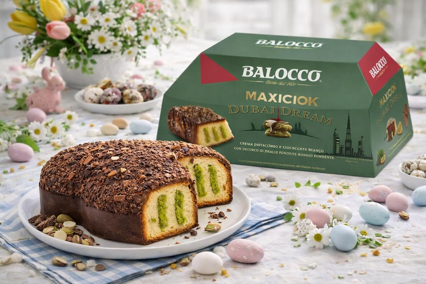 Balocco Colomba Pasquale Maxiciok Dubai Dream Merendine con Crema Pistacchio e Copertura al Cacao, Snack Dolce Ripieno Soffice per Colazione e Merenda Pasqua