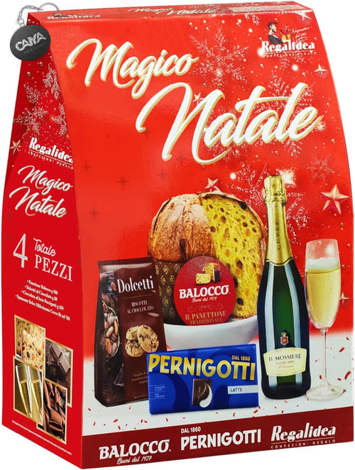 Regalidea Magico Natale 2023 Strenna Rossa con 4 pezzi: Panettone, Cioccolato, Biscotti, Spumante