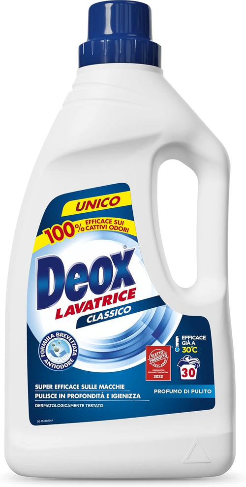 Deox - Detersivo Lavatrice Liquido Classico, 30 Lavaggi, Smacchia e Igienizza, con Formula Antiodore, 1500ml x 1 Confezione