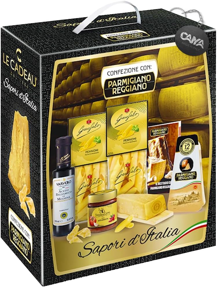 Le Cadeau Sapori d'Italia 2024 Confezione Regalo con 6 pezzi: Parmigiano Reggiano, Pasta Pennoni, Sugo, Aceto, Miniricettario Parmigiano
