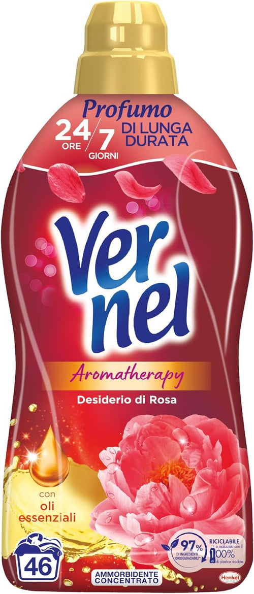 Vernel Aromatherapy Desiderio di Rosa, Ammorbidente Lavatrice Concentrato, Sensazione Di Profumo Come Appena Lavato, confezione singola da 46 lavaggi