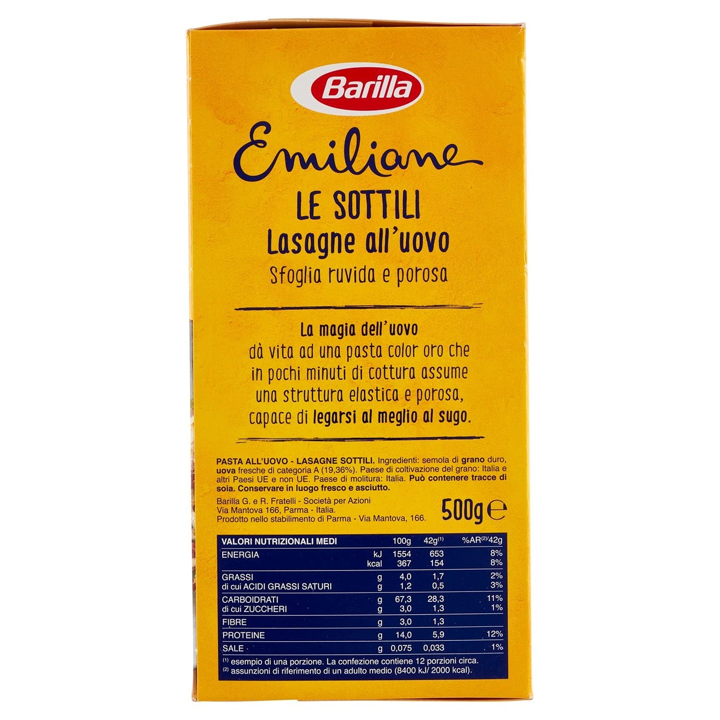 Barilla Emiliane Le Sottili Lasagne All' Uovo con Uova Fresche, Sfoglia Porosa e Delicata, 500 g