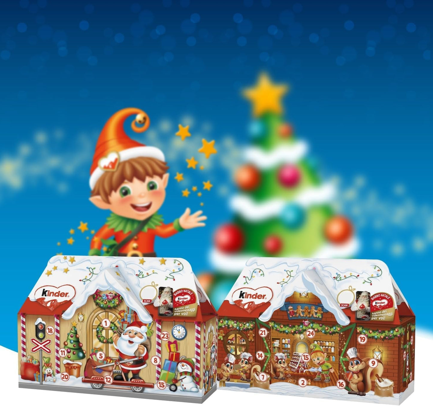 Kinder Dolce Casa - Calendario Avvento 2024, 24 Cioccolatini e Snack Assortiti Kinder, con Speciale Videomessaggio da Babbo Natale, Idea Regalo, Confezione da 234 gr