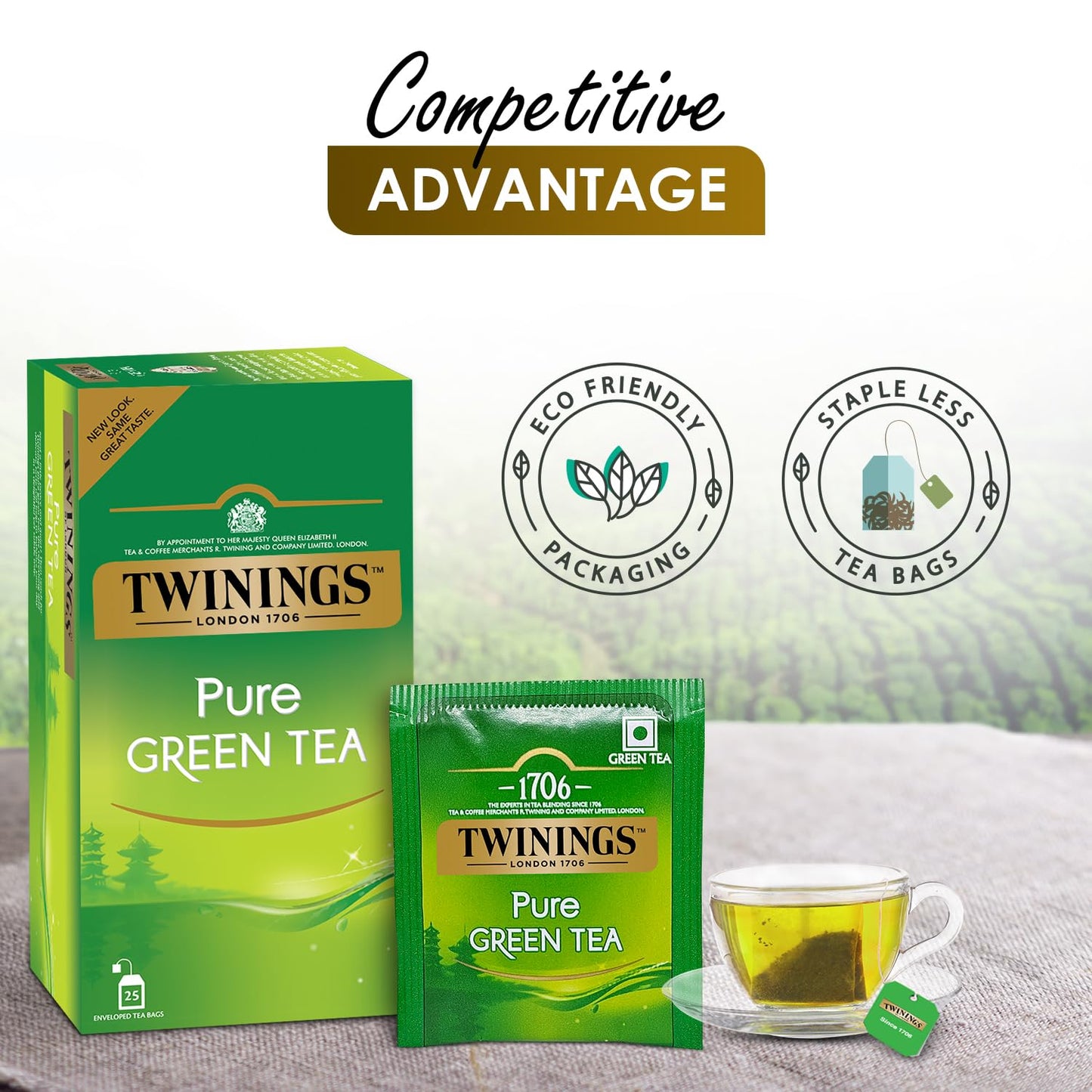 Twinings Pure Green Tea, 25 bustine di tè, tè verde, perfettamente bilanciato e rinfrescante, 50 g