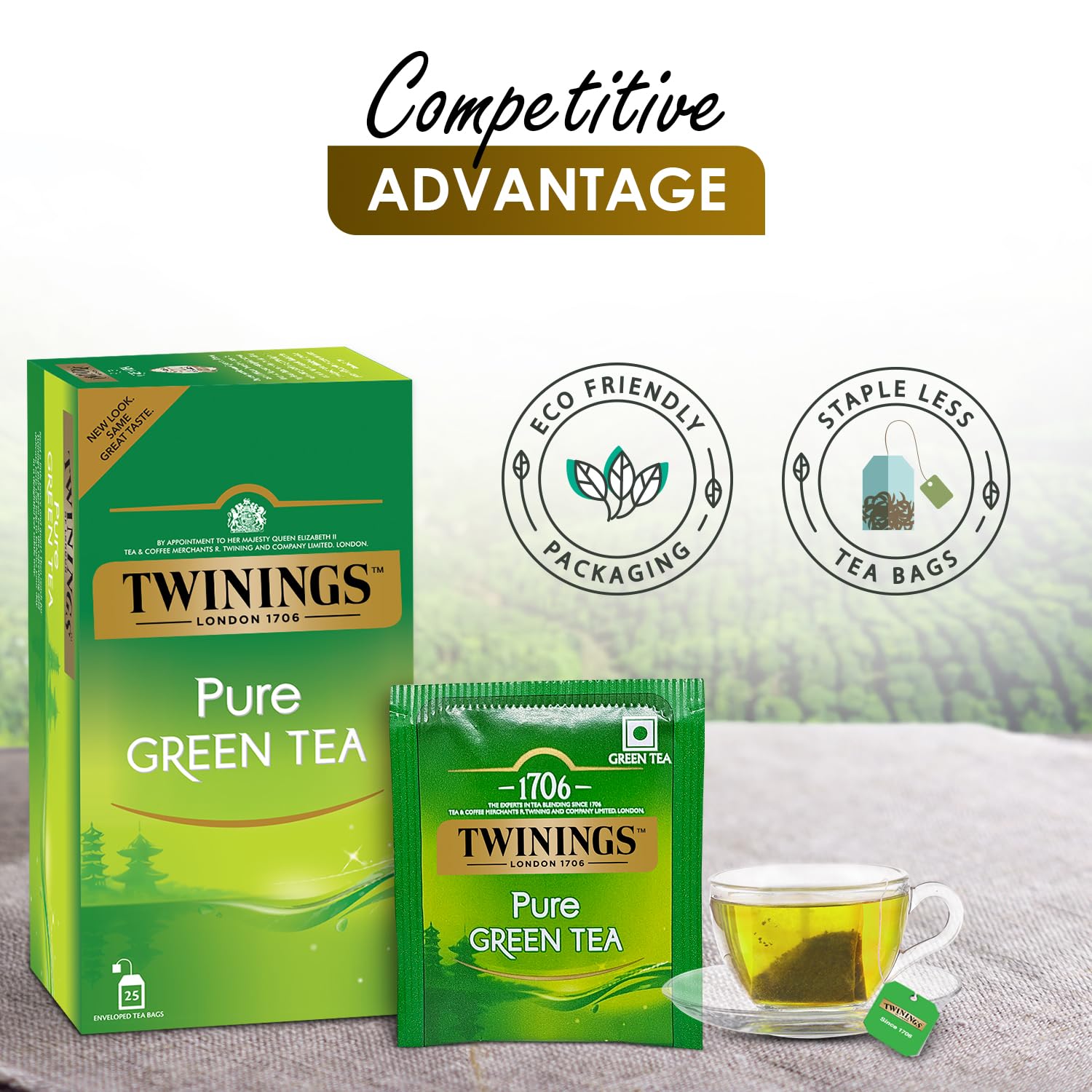 Twinings Pure Green Tea, 25 bustine di tè, tè verde, perfettamente bilanciato e rinfrescante, 50 g
