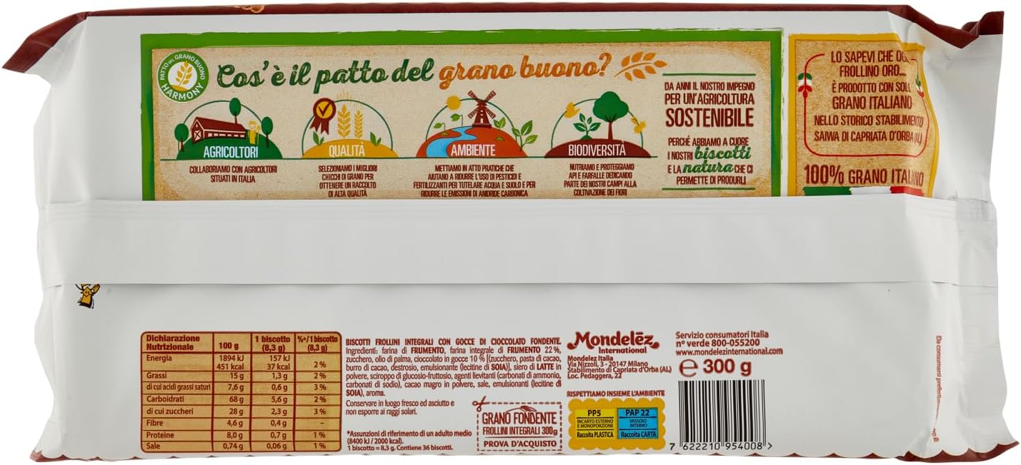 Oro Saiwa Grano Fondente, Biscotti Integrali con Gocce di Cioccolato Fondente, Fonte di Fibre con Farina Integrale, 100% Grano Italiano, 300g (6 monoporzioni da 50g)