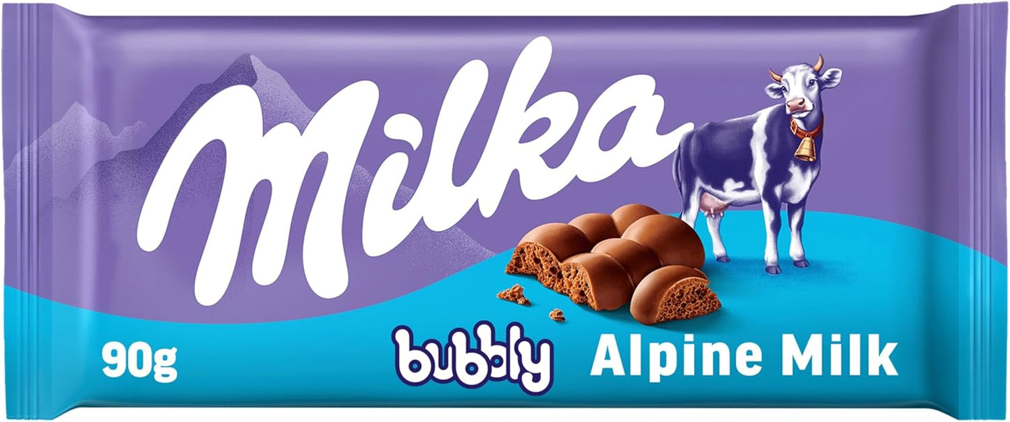 Milka, Bubbly, Tavoletta di Cioccolato al Latte con Morbido Cuore al Cacao, 100% Latte Alpino, Cacao Sostenibile, 14x90g (14 tavolette d 90g)