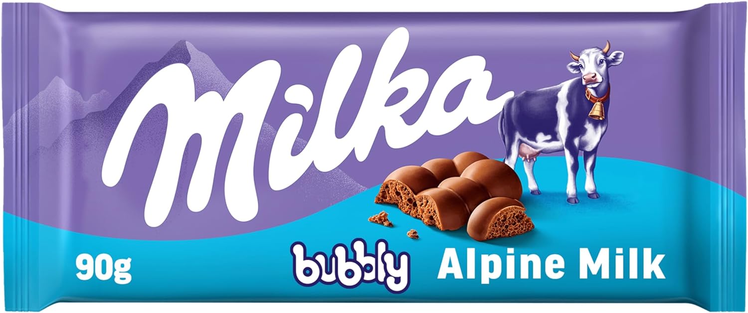 Milka, Bubbly, Tavoletta di Cioccolato al Latte con Morbido Cuore al Cacao, 100% Latte Alpino, Cacao Sostenibile, 90g