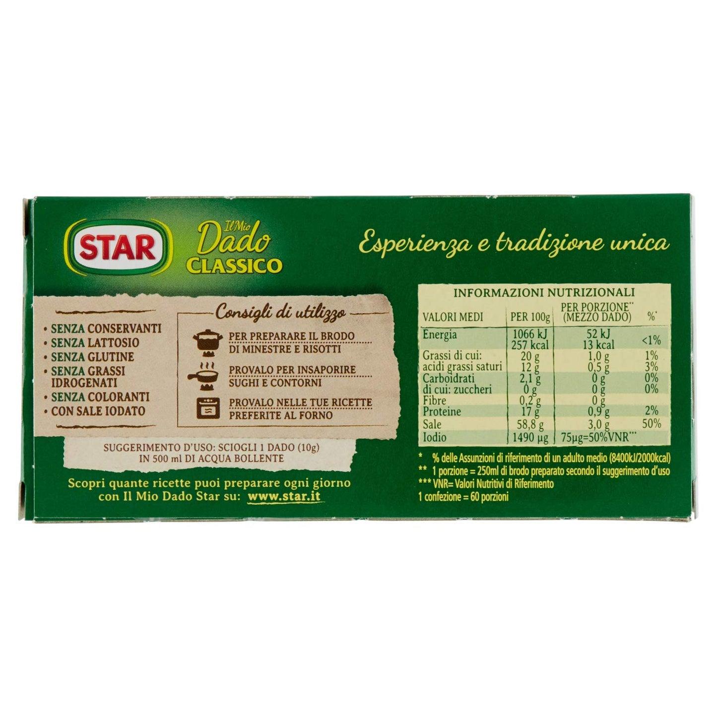 STAR Il Mio Dado Classico, Ricco di Sapore, Verdure e Olio Extravergine d'Oliva, 30 Dadi, 300gr, senza conservanti, senza lattosio e senza glutine. Ottimo insaporitore per ogni ricetta