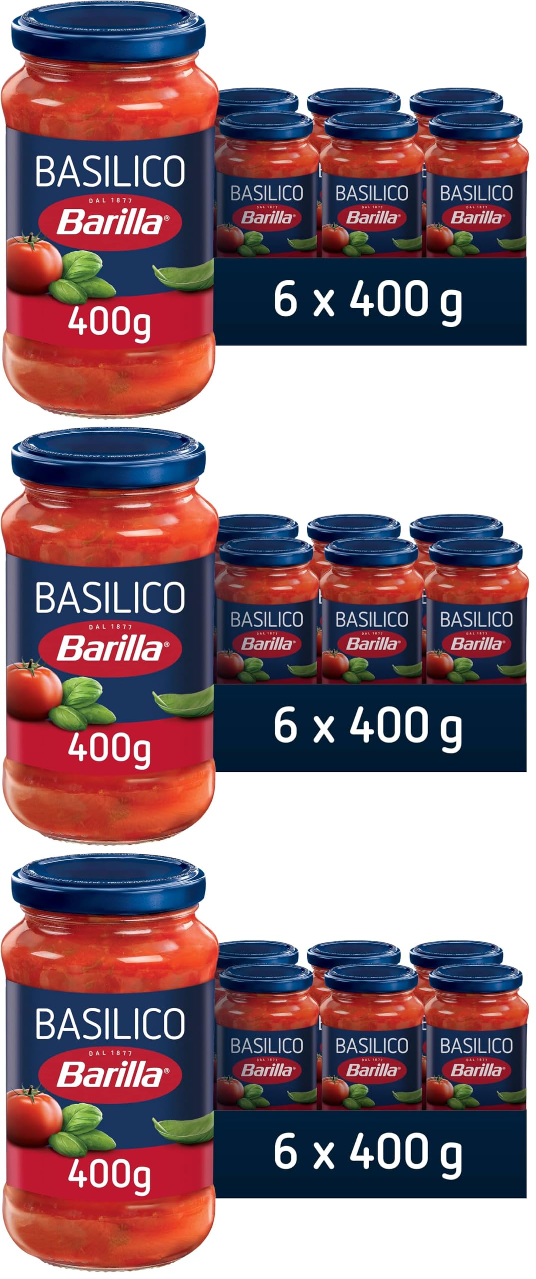 Barilla Sugo al Pomodoro e Basilico 100% Italiano, Sugo Pronto per Pasta, 6 Barattoli da 400 g (Confezione da 3)
