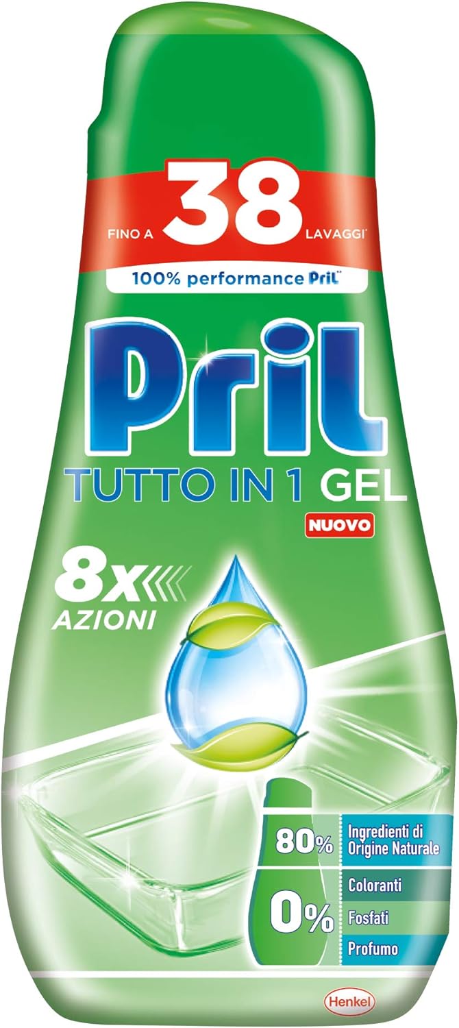 Pril Gel Green Tutto in 1, Detersivo Lavastoviglie in Gel di Origine Naturale, 10 Confezioni x 35+3 Lavaggi