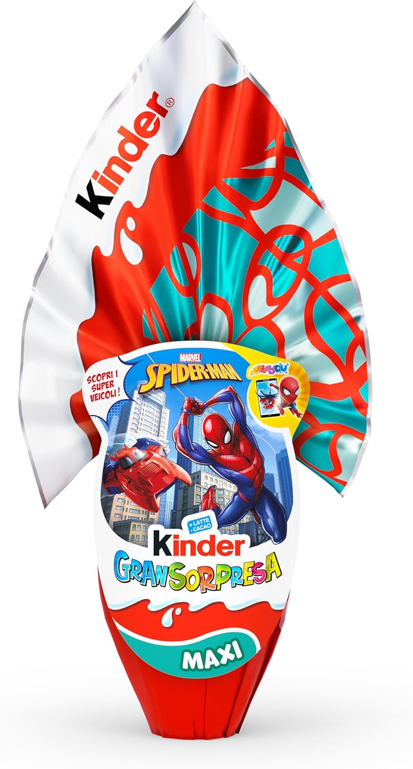 Kinder GranSorpresa Maxi Spider-Man, Uovo di Pasqua Kinder 2026 di Finissimo Cioccolato al Latte con Sorpresa Marvel Spider-Man, 220 g