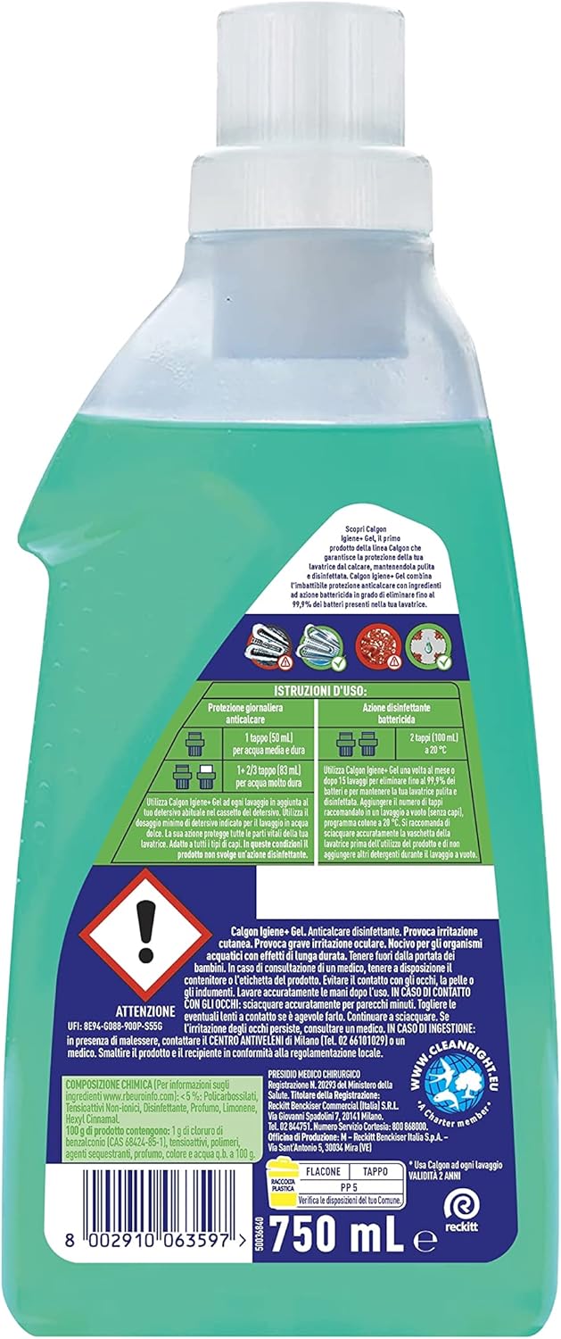 Calgon Igiene+ Gel Anticalcare, Additivo Anticalare per Lavatrici, 750ml di Anticalcare Disinfettante