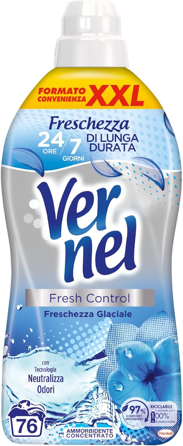 Vernel Fresh Control Ammorbidente Neutralizza Odori, profumazione Freschezza Glaciale, Confezione singola da 76 lavaggi.