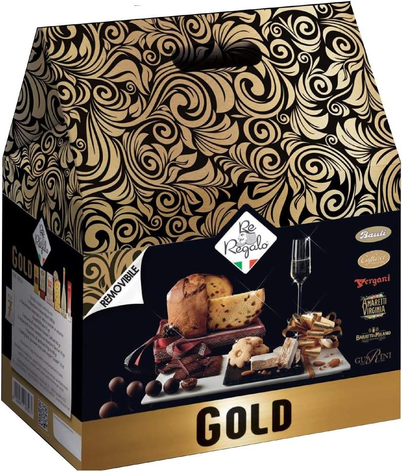 REREGALO GOLD Collezione i Sovrani. Cesto natalizio con Panettone Cioccolatini e Spumante. Raffinato regalo di Natale Re Regalo