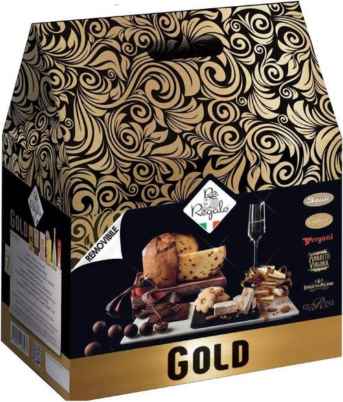 REREGALO GOLD Collezione i Sovrani. Cesto natalizio con Panettone Cioccolatini e Spumante. Raffinato regalo di Natale Re Regalo