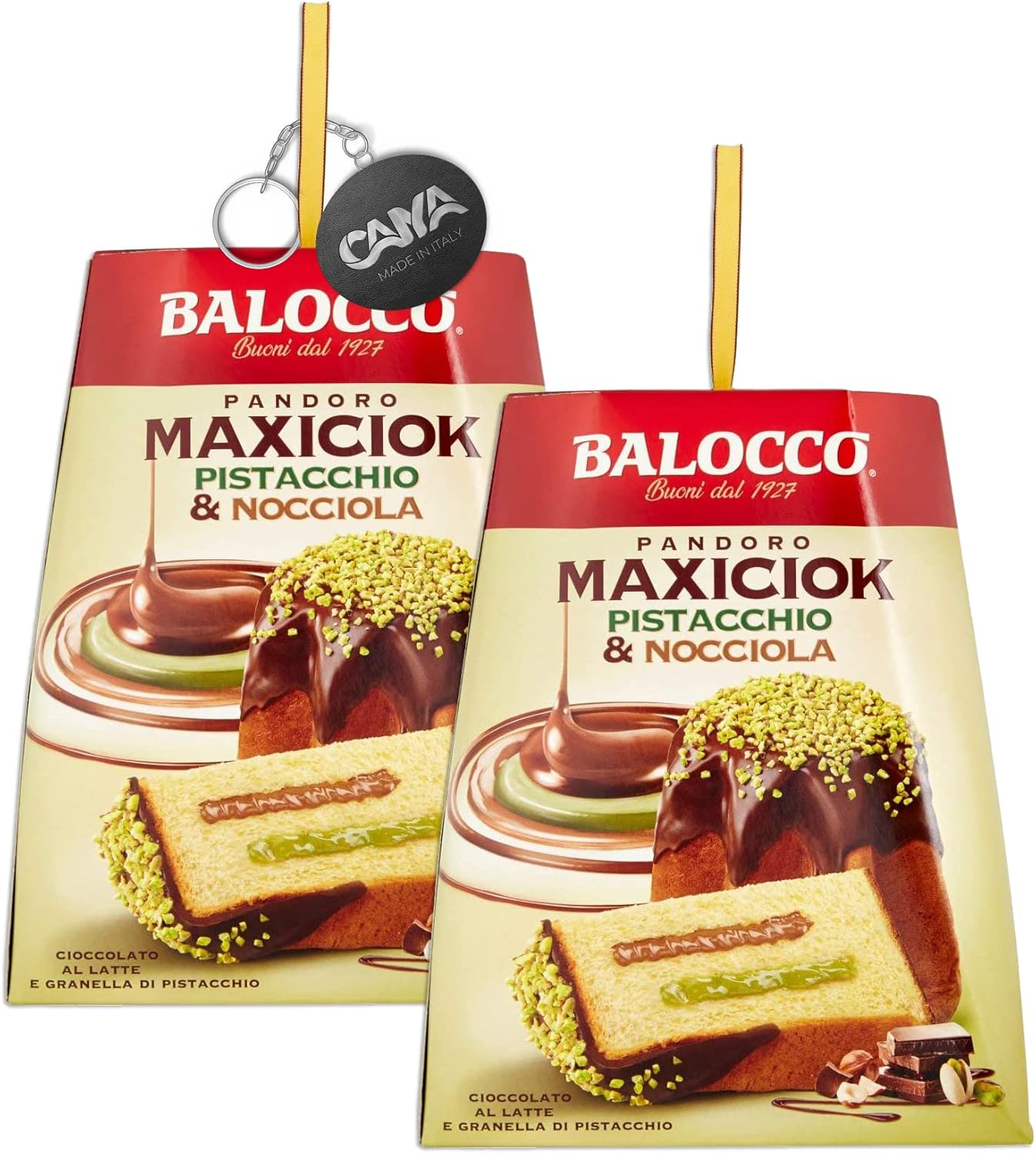 2X Balocco, Pandoro MaxiCiok con Granella di Pistacchio, Nocciole e Cioccolato a Latte 800 g con Portachiavi RASPADA [2 Pezzi]