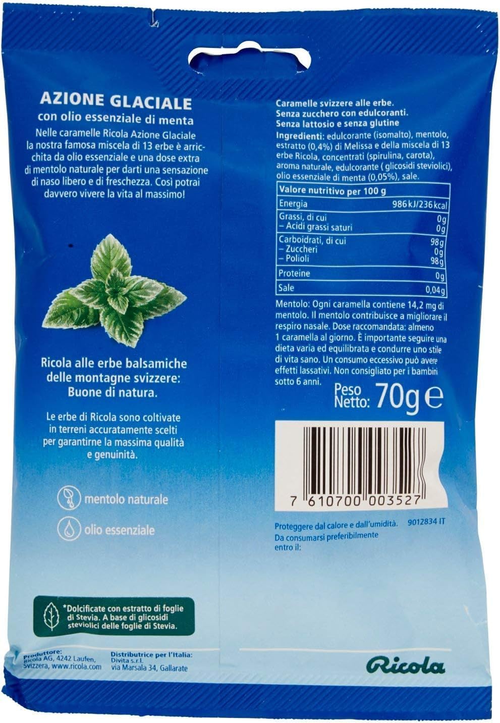 Pacco Convenienza X6 Ricola - Caramelle busta, 6 x 70g menta forte senza zucchero - con estratto di stevia