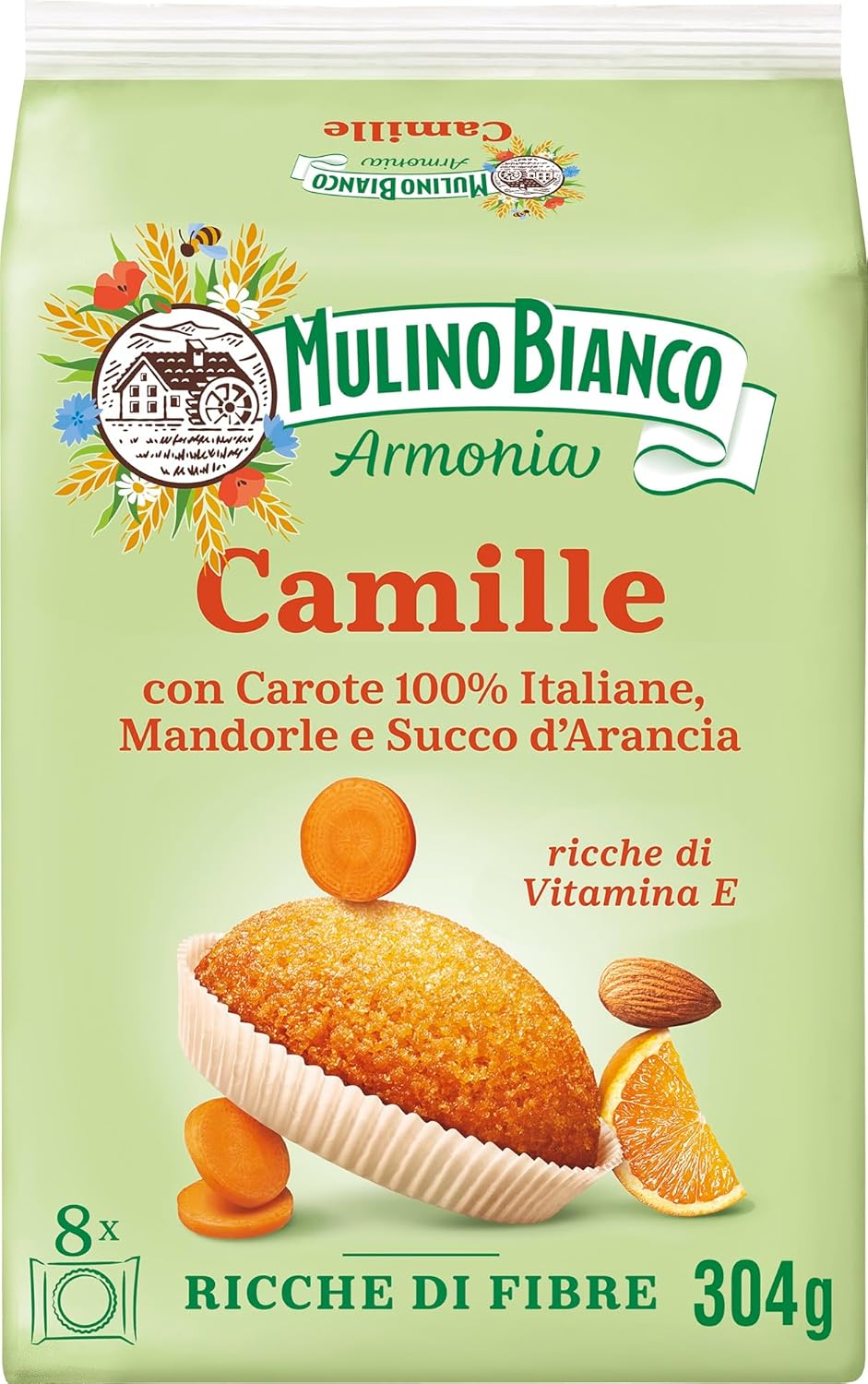 Mulino Bianco Merendine Camille con Carote, Mandorle e Succo d'Arancia, Ricche di Fibre, Snack Dolce per la Merenda, Confezione con 8 Monoporzioni, 304 g