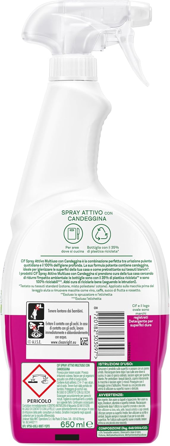 Cif Spray Attivo con Candeggina, 650 ml, per le Superfici di Tutta la Casa e Pretrattante sui Tessuti Bianchi*, Formula Potente con Potere Sbiancante, Adatto per Aree Dove Si Cucina