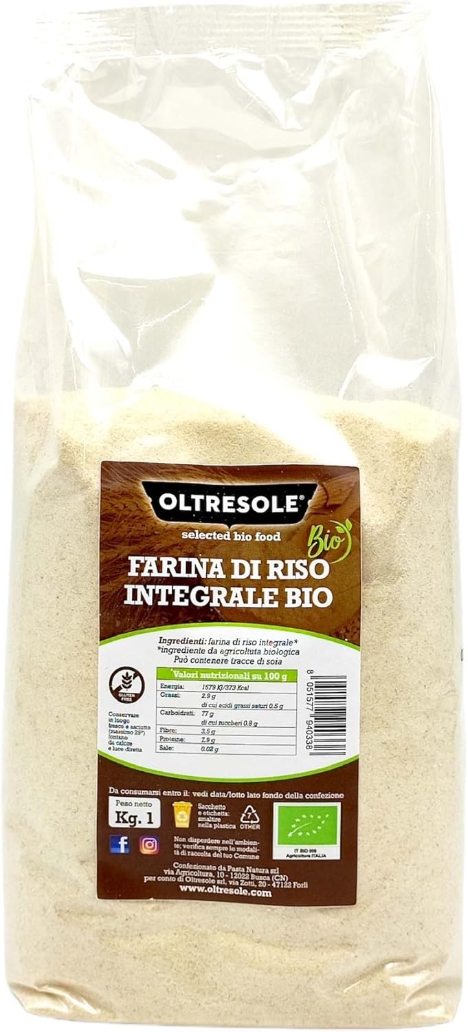 Oltresole, Farina Italiana di Riso Integrale Biologica 1 Kg, Farina Integrale Senza Glutine, 100% Made in Italy, Ideale per Dolci, Salati, Biscotti, Vegano e Celiaci