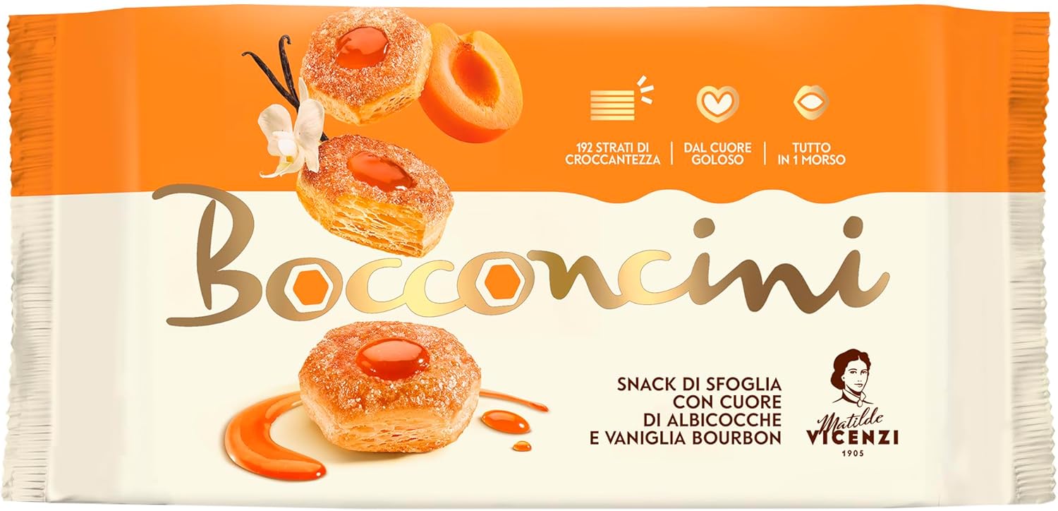Matilde Vicenzi - Bocconcini di Pasta Sfoglia, Croccanti e Delicati, Snack Dolce di Raffinata Pasticceria Ripieno di Farcitura di Albicocche e Vaniglia Bourbon, Confezione da 90 gr