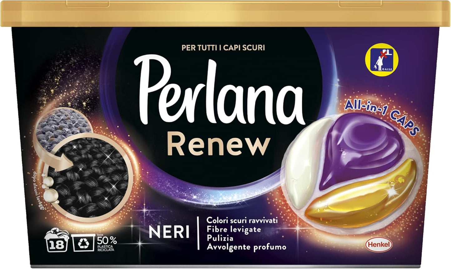 Perlana Renew Caps Neri, detersivo lavatrice capsule, nuova formula 3in1, ideale per tutti i capi scuri, confezione singola da 18 lavaggi