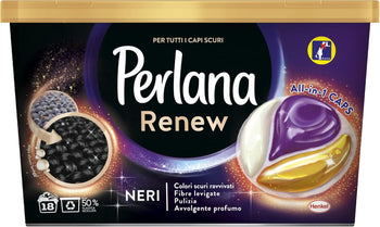 Perlana Renew Caps Neri, detersivo lavatrice capsule, nuova formula 3in1, ideale per tutti i capi scuri, confezione singola da 18 lavaggi